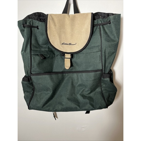 Eddie Bauer Handbags - Eddie Bauer Green Backpack Diaper‎ Bag Pig Skin Flap Canvas 15"